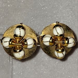 Vintage Gold Tone White Bead Criss Cross Clip On Earrings